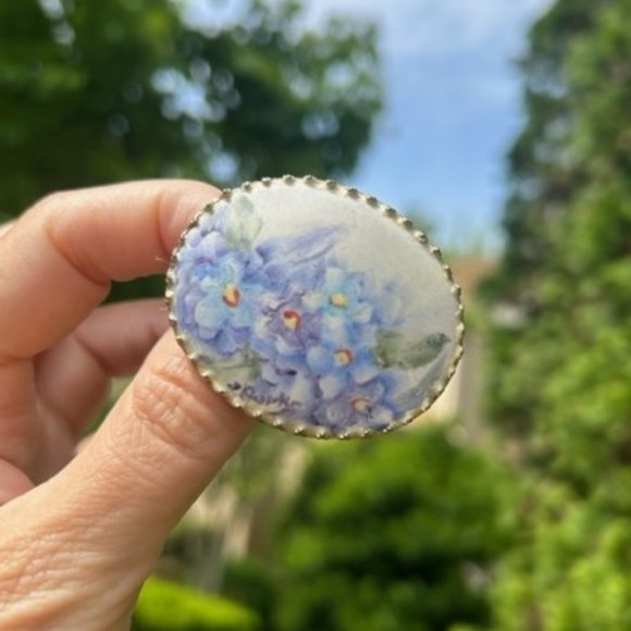 VTG Hand Painted Flowers on Porcelain Brooch Earrings SET - Picture 2 of 7